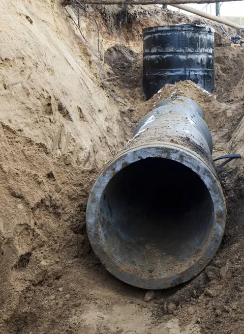 Pipe running from a buried tank riser through an open trench